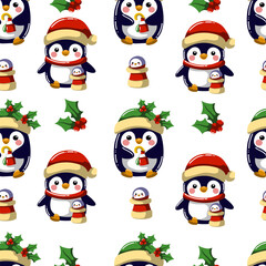 Seamless pattern of cute penguims for Christmas and New Year deecorations 