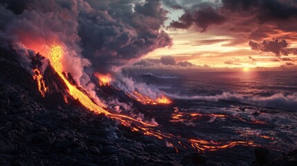 Dramatic Volcanic Landscape Eruption with Lava and Billowing Smoke