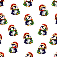 Seamless pattern of cute penguims for Christmas and New Year deecorations 