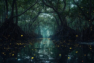 Enchanting Mangrove Forest Aglow with Fireflies at Twilight