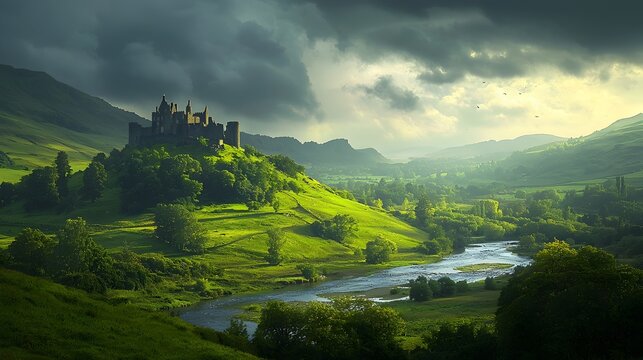 Majestic Medieval Castle Perched Atop Picturesque Hilltop Amid Rolling Green Countryside Under
