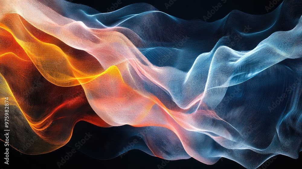 Poster dynamic lines of color slicing through a dark background, creating a sense of movement.