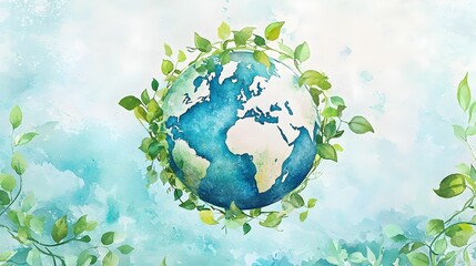 Watercolor Globe Enveloped in Verdant Vines for Sustainable Harmony