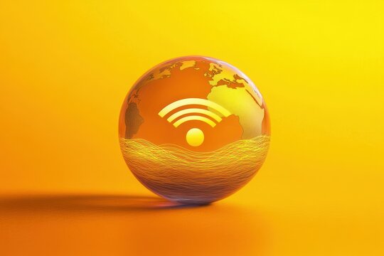 Wi-Fi symbol inside a globe with digital waves on a yellow background