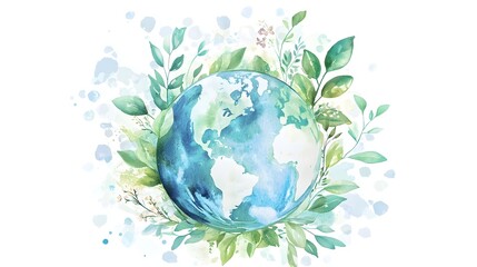 Watercolor of Globe Enveloped in Verdant Vines and Blooming Leaves