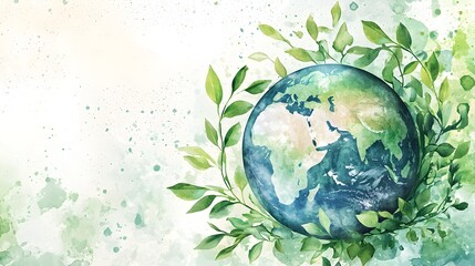 Sustainable Living Watercolor Globe Encircled by Graceful Green Vines