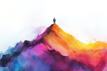 A side view of a lone traveler atop a vibrant watercolor mountain, infused with impressionist brushstrokes, capturing the essence of discovery and adventure