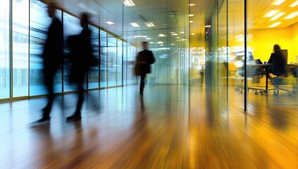 Office corridor with blurred figures participating in a meeting in the conference room during the workday