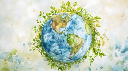 Watercolor Globe with Lush Vines Symbolizing Sustainable Growth and Environmentalism