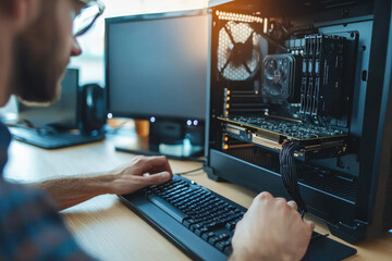 A technician assembles a system unit from various parts, including the motherboard, memory, and much more.