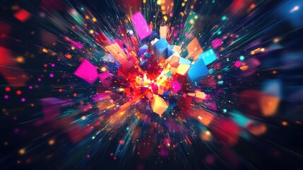 Naklejka premium Exploding geometric forms spreading outward in vibrant, glowing colors.