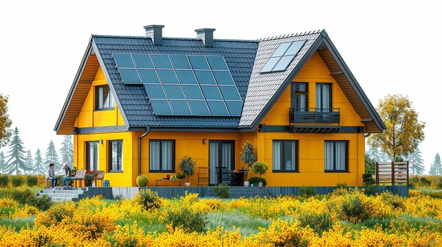 Solar panels on roof. Conceptual illustration shows people collecting lightning for green and clean electric energy from house solar panels. Ecology and sustainability