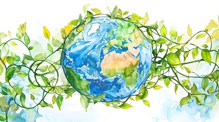 Serene Watercolor Globe Entwined with Lively Green Vines Symbolizing Sustainable Future