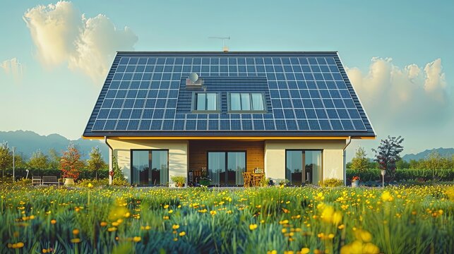 Solar panels on roof. Conceptual illustration shows people collecting lightning for green and clean electric energy from house solar panels. Ecology and sustainability