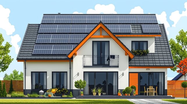 Solar panels on roof. Conceptual illustration shows people collecting lightning for green and clean electric energy from house solar panels. Ecology and sustainability
