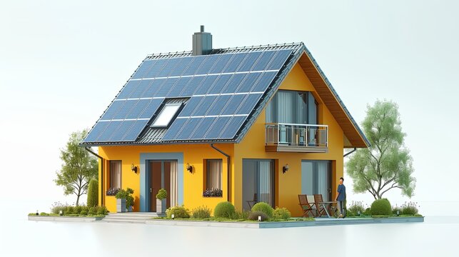 Solar panels on roof. Conceptual illustration shows people collecting lightning for green and clean electric energy from house solar panels. Ecology and sustainability