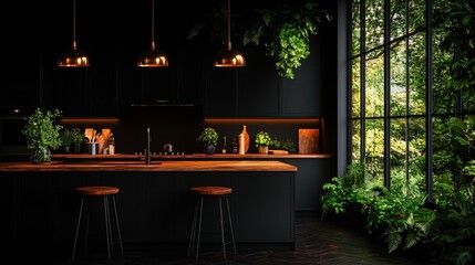 Contemporary kitchen with custom wood finishes, polished countertops, ambient lighting