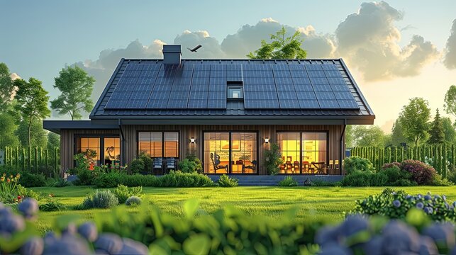 Solar panels on roof. Conceptual illustration shows people collecting lightning for green and clean electric energy from house solar panels. Ecology and sustainability