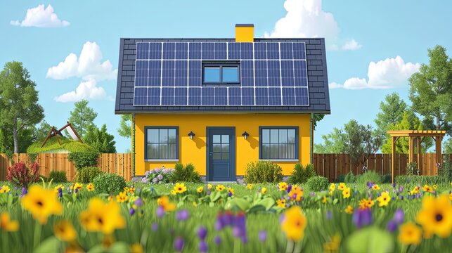 Solar panels on roof. Conceptual illustration shows people collecting lightning for green and clean electric energy from house solar panels. Ecology and sustainability