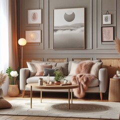 Stylish interior of living room with soft sofa and coffee table