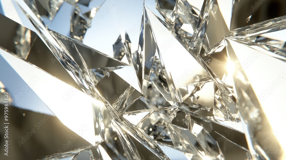 Poster fragmented mirror-like surfaces creating jagged reflections of light in various angles.