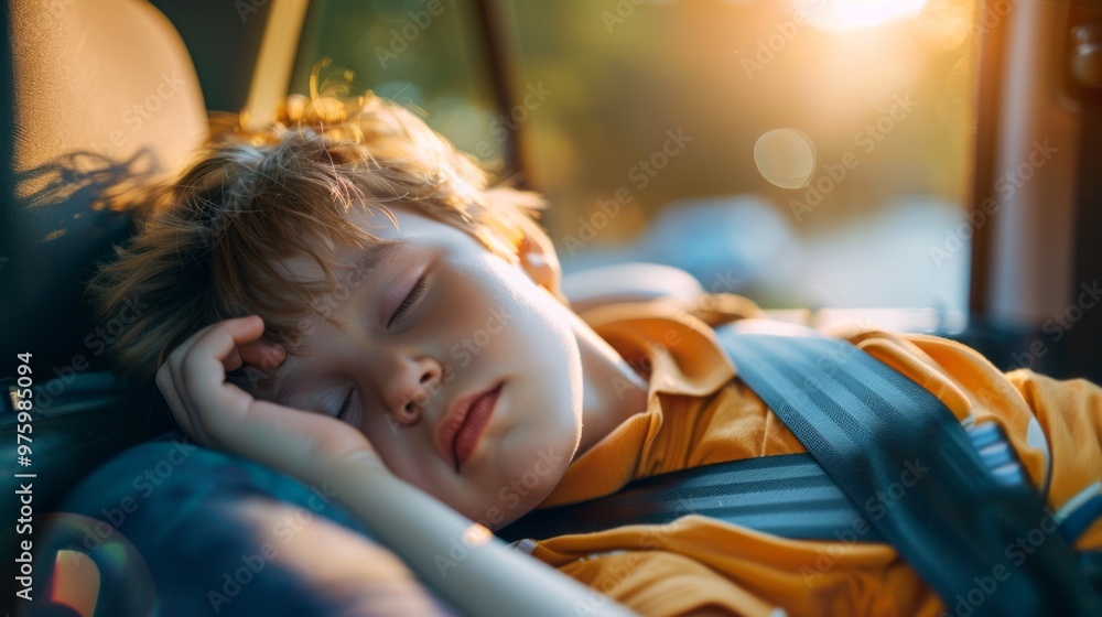 Wall mural A young boy is sleeping in a car seat