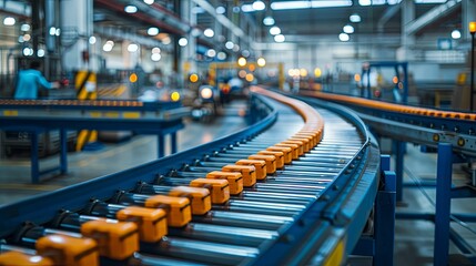 Obraz premium Close-up of an Orange Conveyor Belt in a Factory Setting