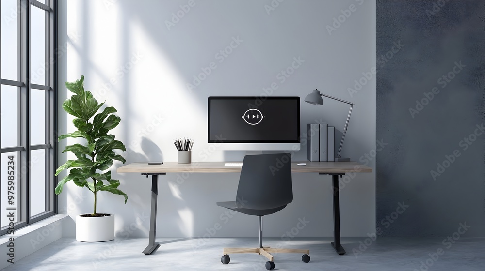 Poster minimalist workspace with smart desk and virtual assistant hologram for tech-driven productivity