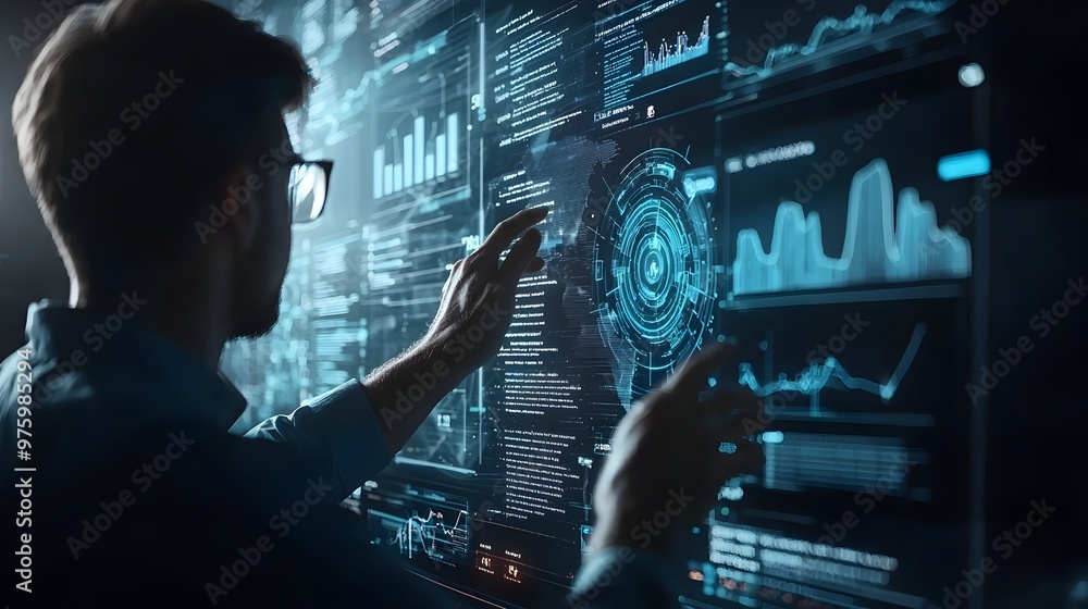 Poster professional man analyzing data on transparent futuristic business analytics screen