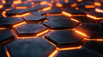 Obraz premium Glowing hexagons expanding outward, forming a honeycomb pattern in a futuristic grid.