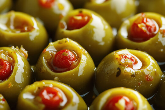 An image of green olives with pimento stuffing, tightly packed together. The olives are glossy and appear to be in brine.