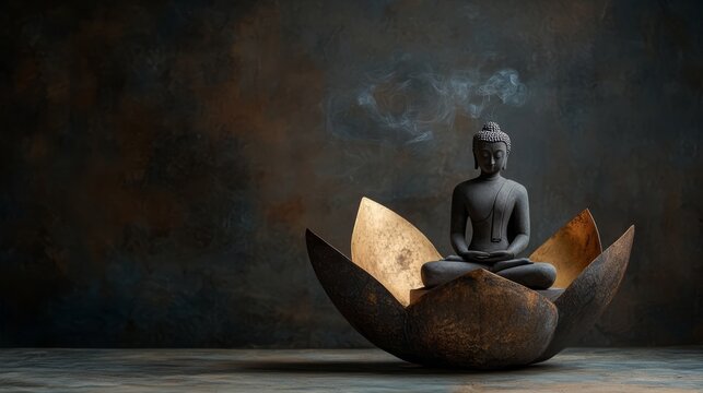 A Buddha statue placed on lotus with incense smoke.
