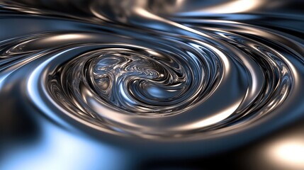 Interlocking spirals of light and shadow in a dynamic motion across a reflective surface.