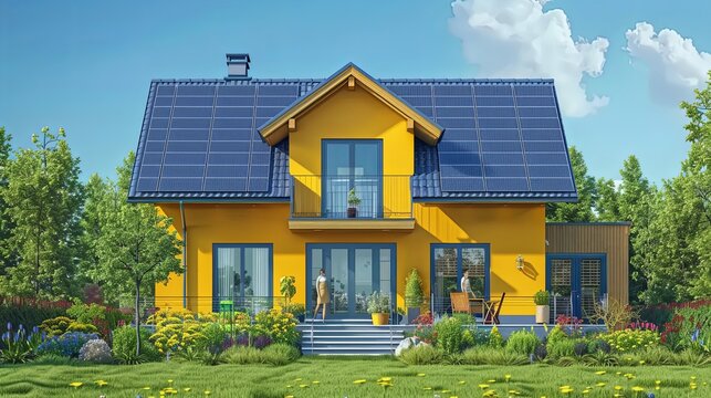 Solar panels on roof. Conceptual illustration shows people collecting lightning for green and clean electric energy from house solar panels. Ecology and sustainability
