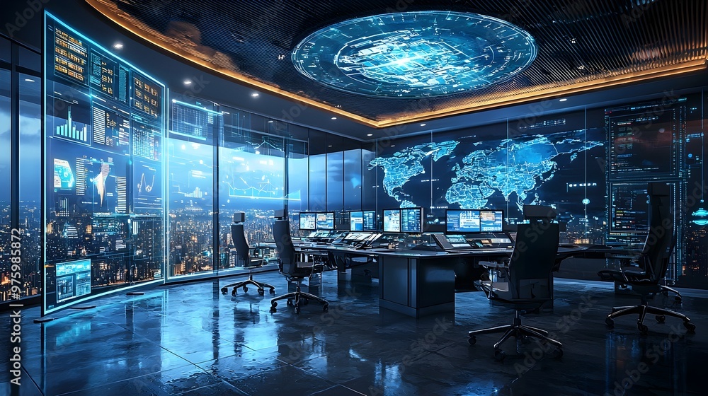 Poster futuristic high-tech control room with ai-powered digital interfaces for corporate intelligence and