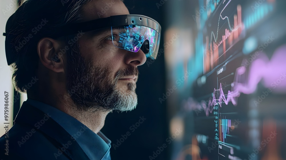 Poster business consultant utilizing augmented reality to visualize company growth and tech-enhanced