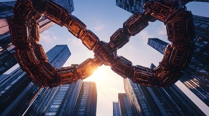 Blockchain Technology Integrated with Futuristic Skyscrapers and Digital Finance