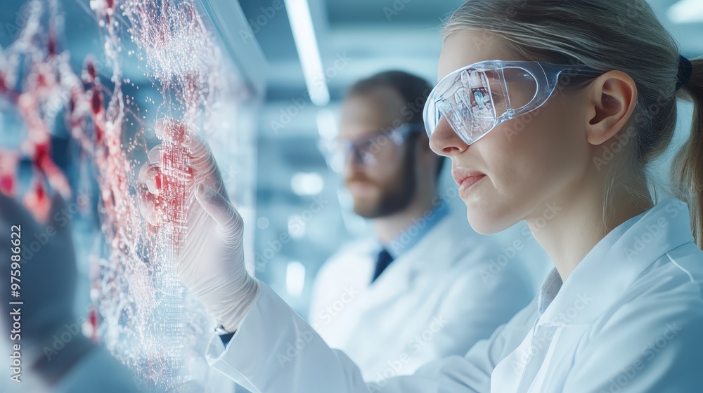 Poster scientists collaborate on genetic data analysis in a high-tech laboratory environment
