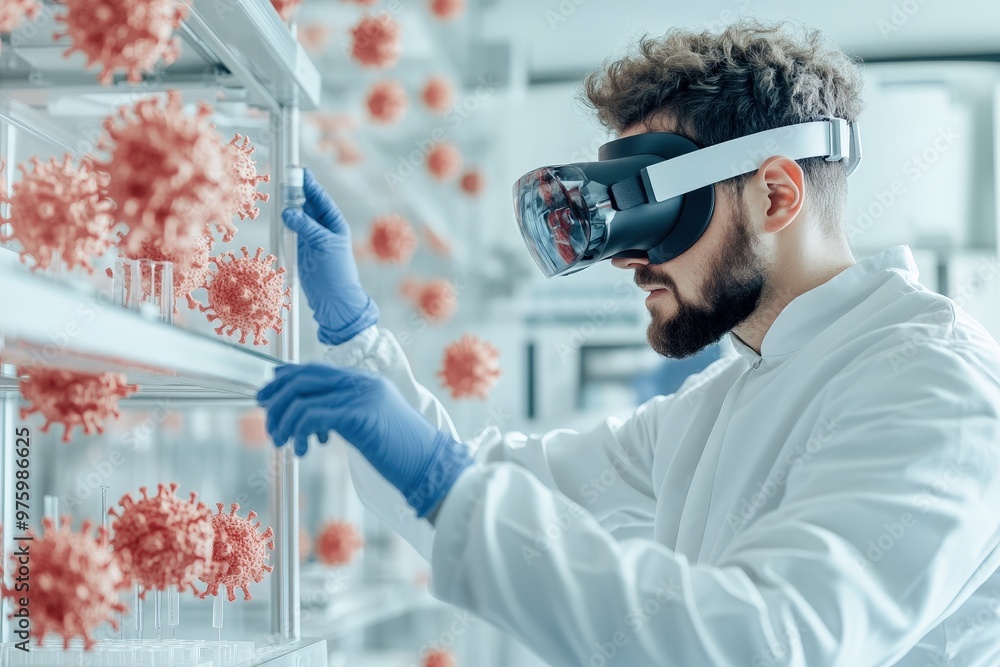 Poster innovative scientist using vr technology to explore 3d models of virus structures in lab setting