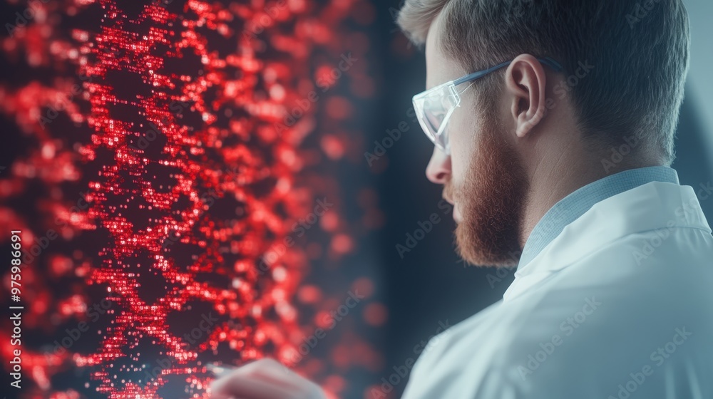 Poster scientist analyzing dna in a cutting-edge biotechnology lab with a red visualization tool
