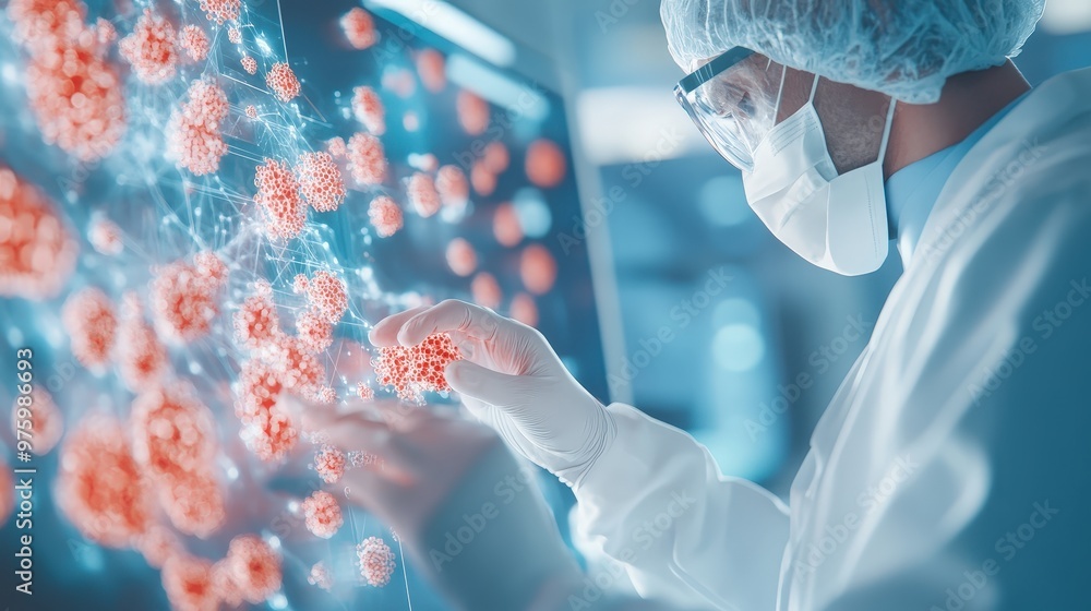 Poster scientist analyzing dna structures in a high-tech biotech laboratory environment for research