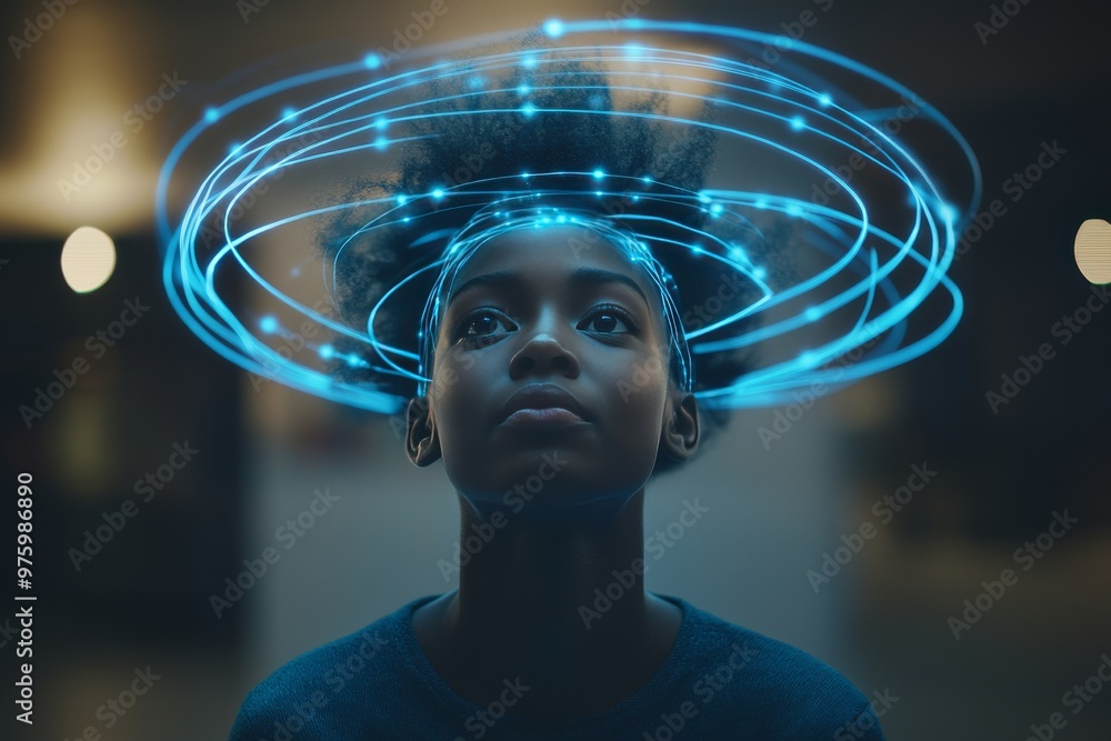 Poster child surrounded by a glowing halo of neural energy representing intelligence cognitive processes an