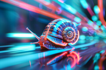 In a minimalistic futuristic world, a snail with neon, cyber-enhancements dashes forward, its rapid movement frozen by rear curtain sync to showcase realistic, dynamic motion effects