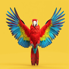 Obraz premium Avibrantparrotmascotwithcolorfulfeathersspreadwide,perchedonasolidyellowbackground.64k,UHD,Highdefinition