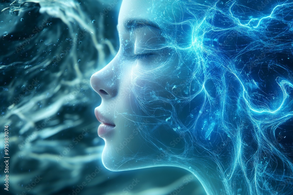 Poster profile of a woman illuminated by glowing blue neural patterns symbolizing imagination intelligence 