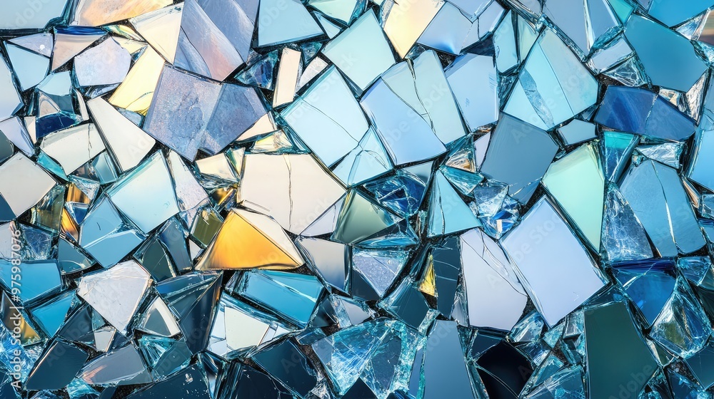Poster layers of broken glass pieces assembling into an intricate mosaic of sharp reflections.