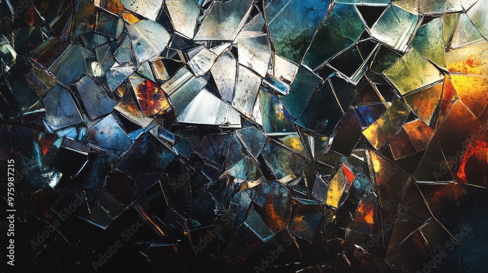 Poster layers of broken glass pieces assembling into an intricate mosaic of sharp reflections.