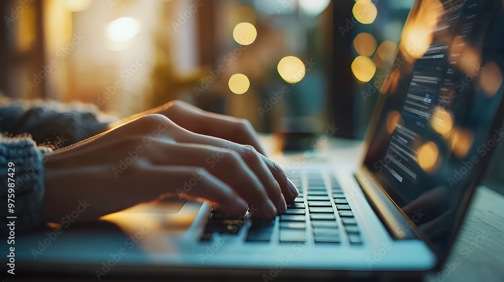 Poster hands typing on a laptop keyboard in a modern office setting