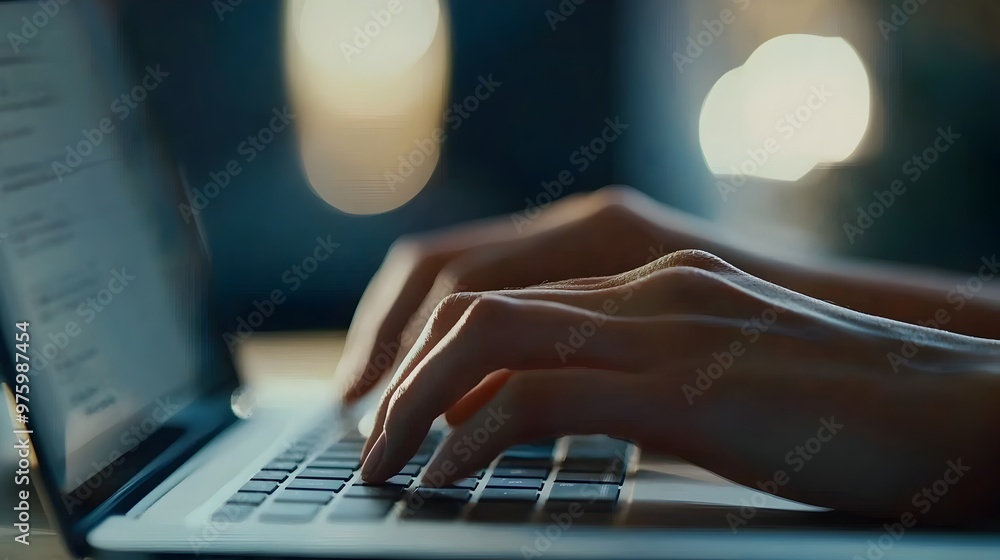 Poster efficient hands typing on laptop keyboard in modern office workspace