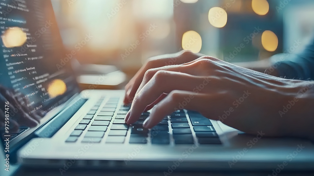Poster close-up of hands typing on a laptop keyboard in a modern office setting